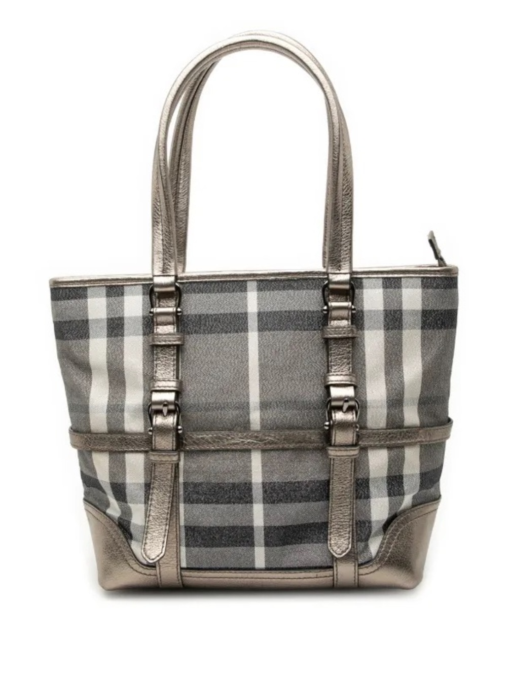 Women’s Burberry Silver Shimmer Check Degrade Buckle Tote Bag